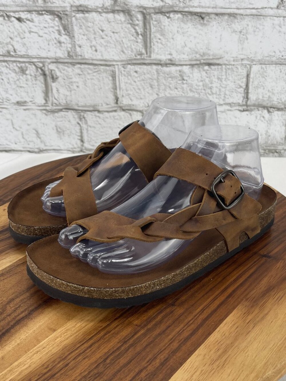 White Mountain Footbeds Crawford Womens 8 M Brown Leather Toe Loop Slide Sandals